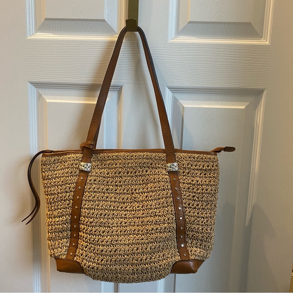 Brighton Dayton Woven Straw Tote Bag Brown Leather Trim. Excellent condition